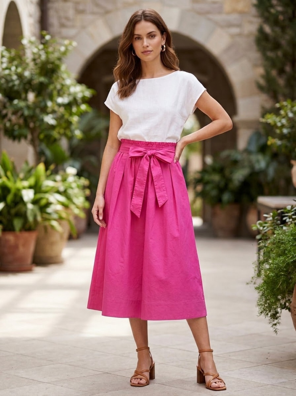 Bright Pink Paperbag Waist Midi Skirt with Tie Belt, Women’s Size Medium